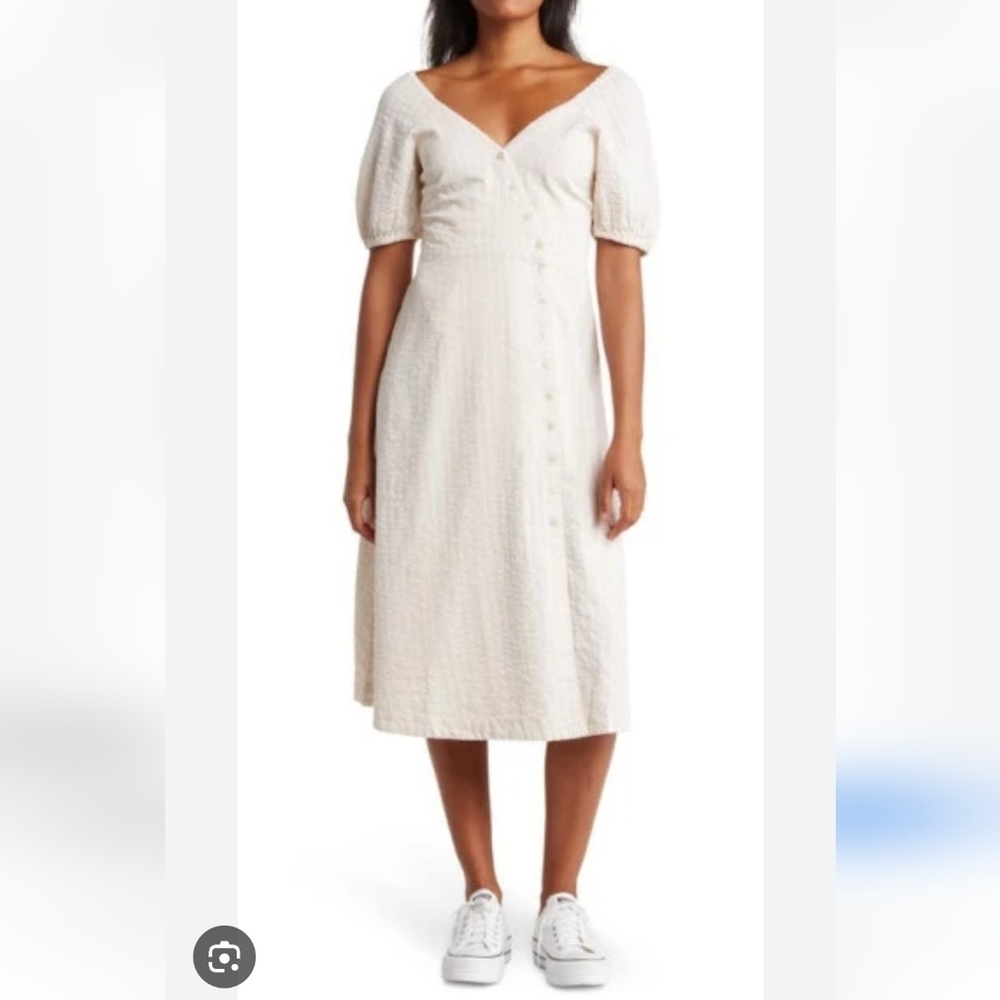 Madewell Puff-Sleeve Button-Wrap Midi Dress in Undyed Stripe Size 0